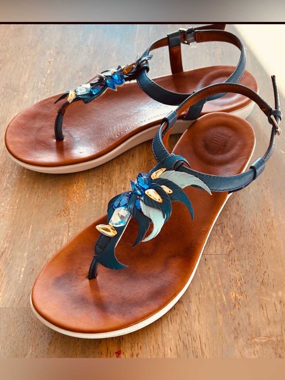 FitFlop Tia Blue Leather Jewel Feather Back Strap Thong Sandals Women’s 7